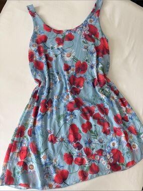 Made in Italy Sky Blue Floral Midi Dress with Red Poppy & Daisy Print L-XL